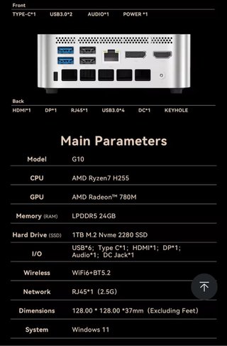 Mini PC AMD Ryzen 7 H255 24GB RAM 1TB SSD