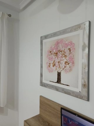 Cuadro moderno árbol flores rosa y oro
