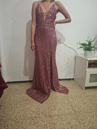 Vestido de fiesta lentejuelas rosa y dorado
