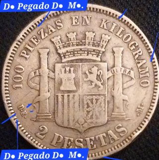 *2 PESETAS 1870 (74) - ERROR DE ACUÑACIÓN Y REACU