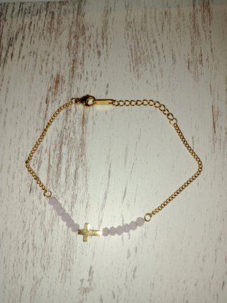 Pulsera Acero Cruz y Perlas Rosas