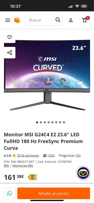 Monitor MSI G24C4 E2 180Hz Curvo Con Caja