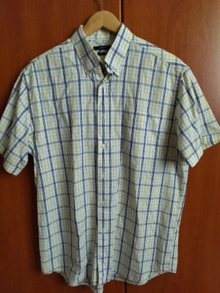 Camisa de vestir a cuadros con fondo blanco .