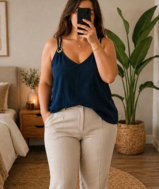 Blusa de tirantes azul mujer y decoración.