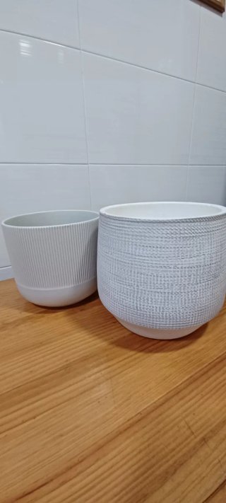 3 Maceteros Cerámica Gris y Blanco