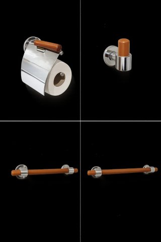 Accesorios baño cromado y madera natural