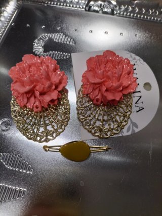 Pendiente Flamenca Walina Flor Rosa y Dorado Nuevo
