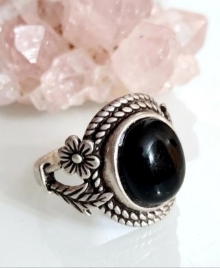 Anillo Plata Flor y Piedra Negra