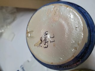 Bote de farmacia azul y blanco