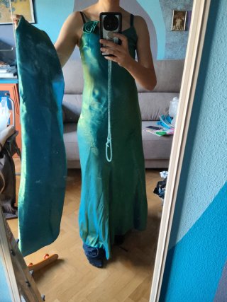 Vestido de fiesta azul verde turquesa con pasmina