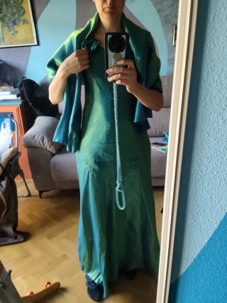 Vestido de fiesta azul verde turquesa con pasmina