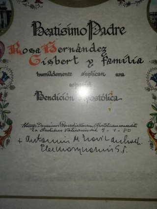Carta Bendición Apostólica Papa Juan Pablo II