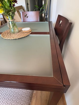 Mesa Comedor Cristal/Madera + 4 Sillas