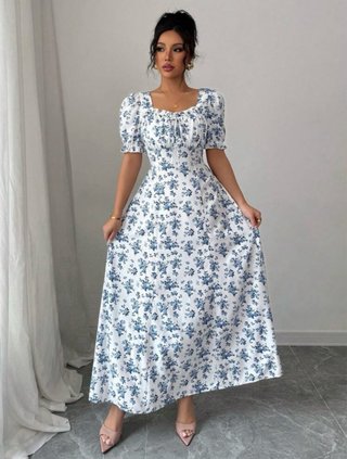 Vestido floral blanco y azul