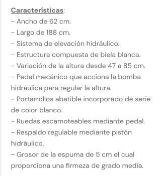Camilla hidráulica biela blanca 2 cuerpos, 62x188c
