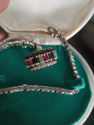 Conjunto Plata: Anillo y Pulsera esmeralda zafiros