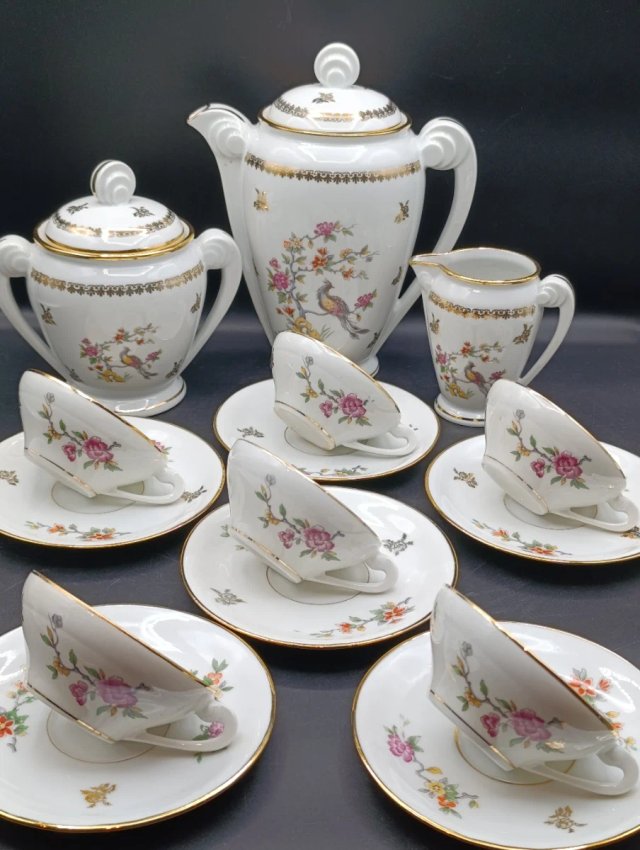 Set caffè Limoges porcellana uccelli fiori
