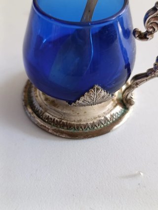 Antico porta  sale blu con manico e cucchiaino