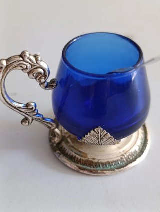 Antico porta  sale blu con manico e cucchiaino