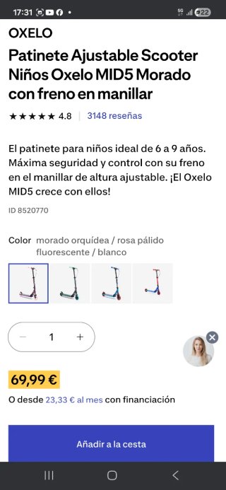 Patinete Oxelo MID5 Rosa Ajustable Niños