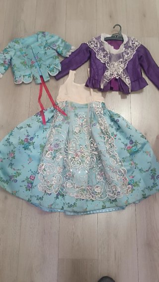 Traje de Fallera Morado y Turquesa, dos corpiño