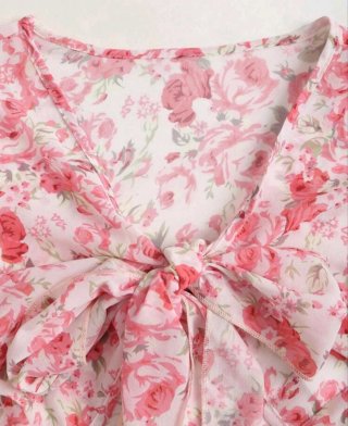 Camisa Crop Top Floral Manga Campana