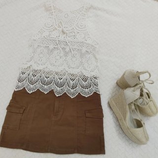 Conjunto Top Ganchillo y Falda Marrón Talla S