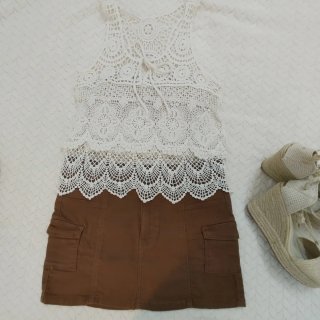 Conjunto Top Ganchillo y Falda Marrón Talla S