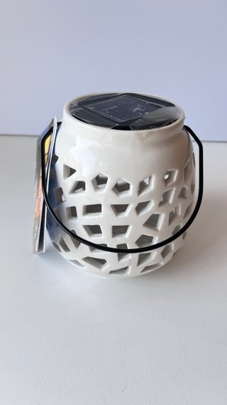 Farolillo solar cerámica blanco con asa