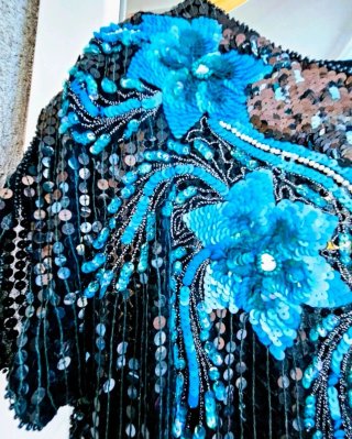 Top Lentejuelas Vintage Flores Azul Negro-M/L