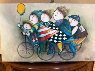 Cuadro al óleo infantil ciclistas multicolor