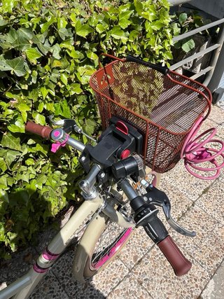 Bicicleta infantil rosa y crema con cesta