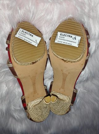 Sandalias Tacón Étnicas 37 - Piel, Rojo y rafia