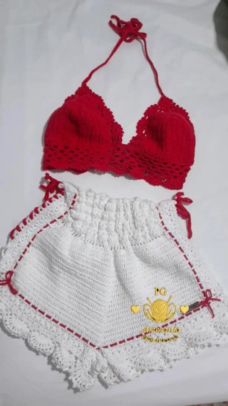 Conjunto Bikini Crochet Rojo y Blanco