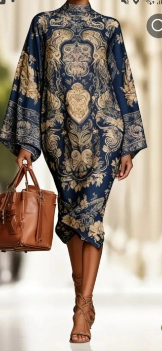 Elegante vestido azul con estampado dorado