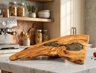 Vassoio artistico legno ulivo - resina - Ottone