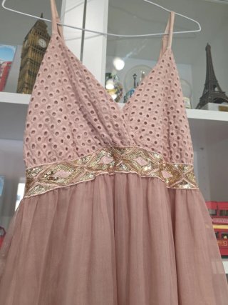 Vestido fiesta rosa y dorado