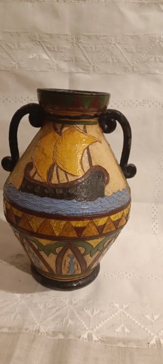 Anfora ceramica nave greca dipinta a mano