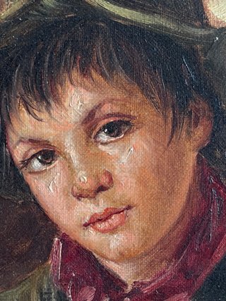 Dipinto olio antico ragazzo con cappello