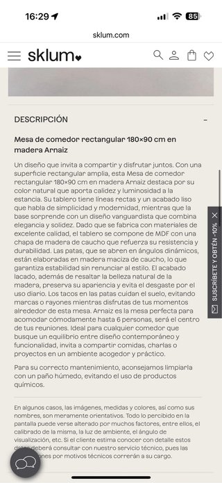 Mesa comedor madera Sklum 180x90 Las sillas no