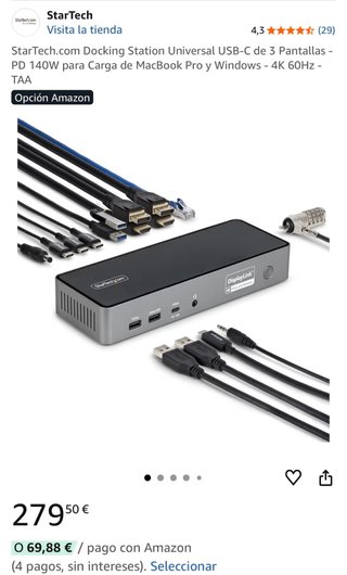 StarTech Docking Station USB-C 3 Pantallas 4K