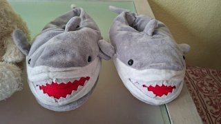 Zapatillas peluche oso y tiburón. 6€ c/u