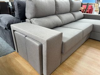 Sofá chaise longue extensible gris + 2 pufs
