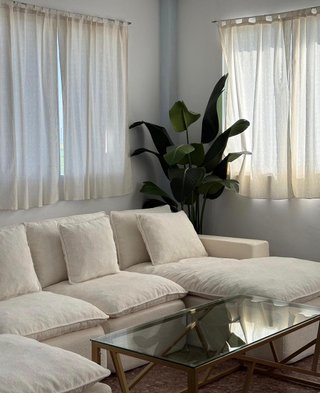 Sofá modular beige + Mesa centro cristal