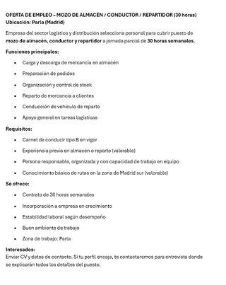 Se busca Mozo de Almacén y Repartidor con Carnet B