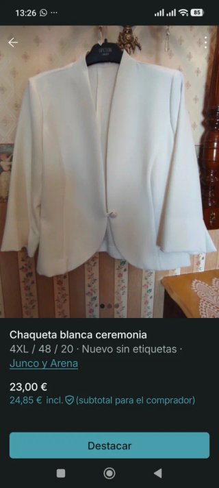 Chaqueta Ceremonia Blanca Junco y Arena Talla 4XL
