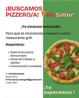 Oferta de empleo:  Pizzero/a con experiencia SALOU