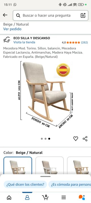 Mecedora haya maciza con tapizado antimanchas beig