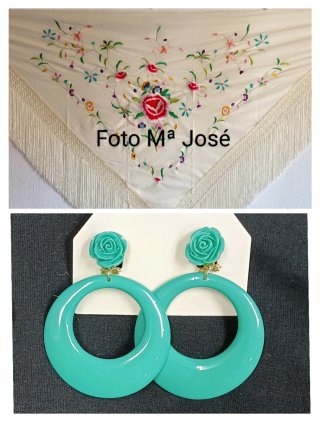 Mantoncillo beige bordado y pendientes flamenca