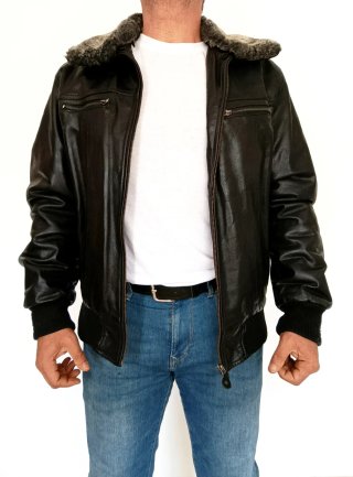 Aviador cuero auténtico cuello de pelo L. Medidas.